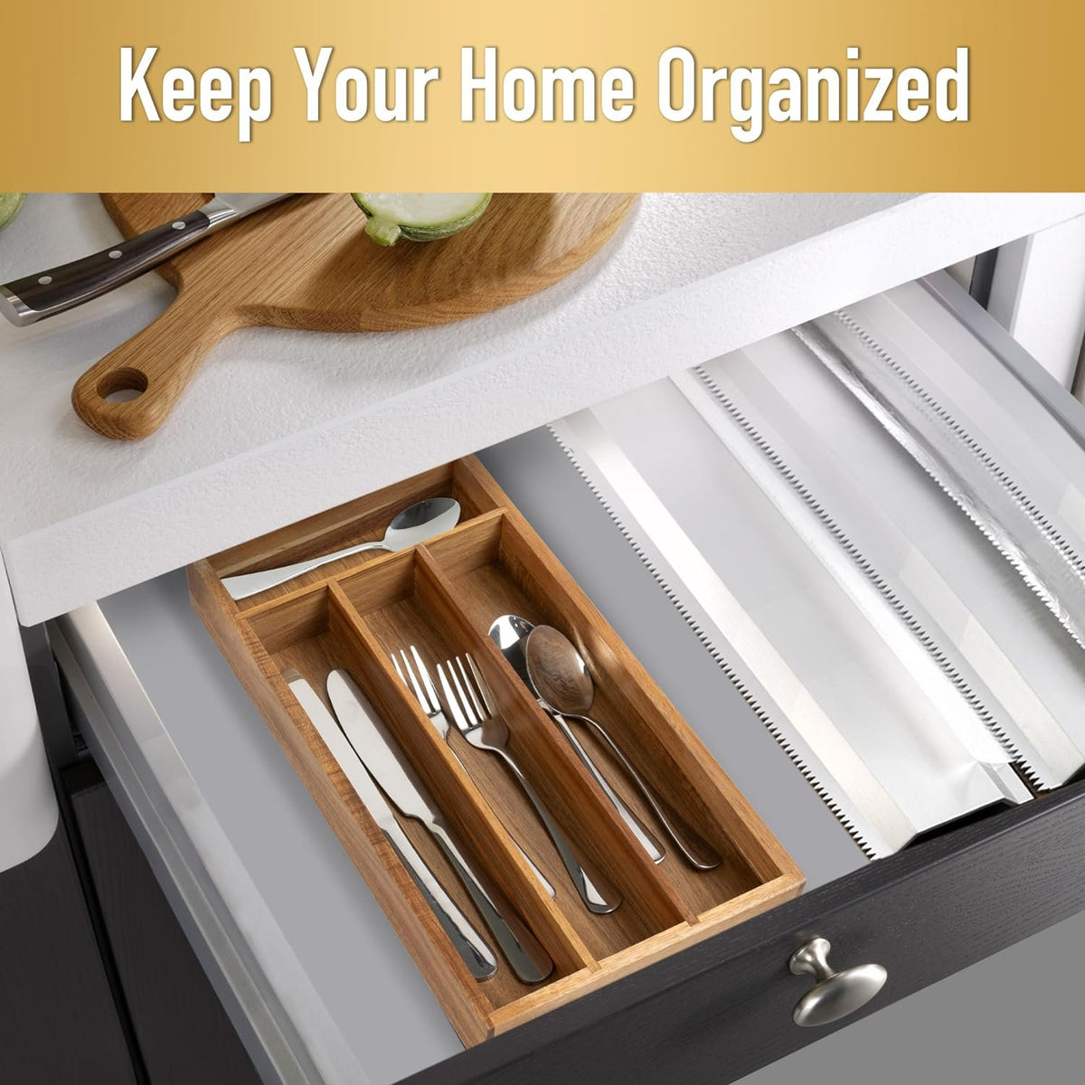 4 Slot Acacia Silverware Drawer Organizer U2505