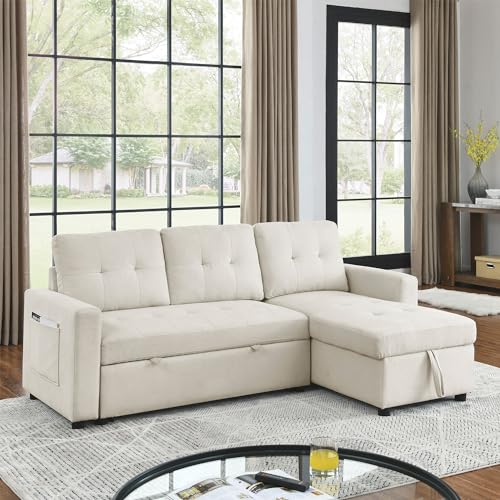 Light Gray Chenille Reversible Sleeper Sectional Sofa with Storage Chaise W4565