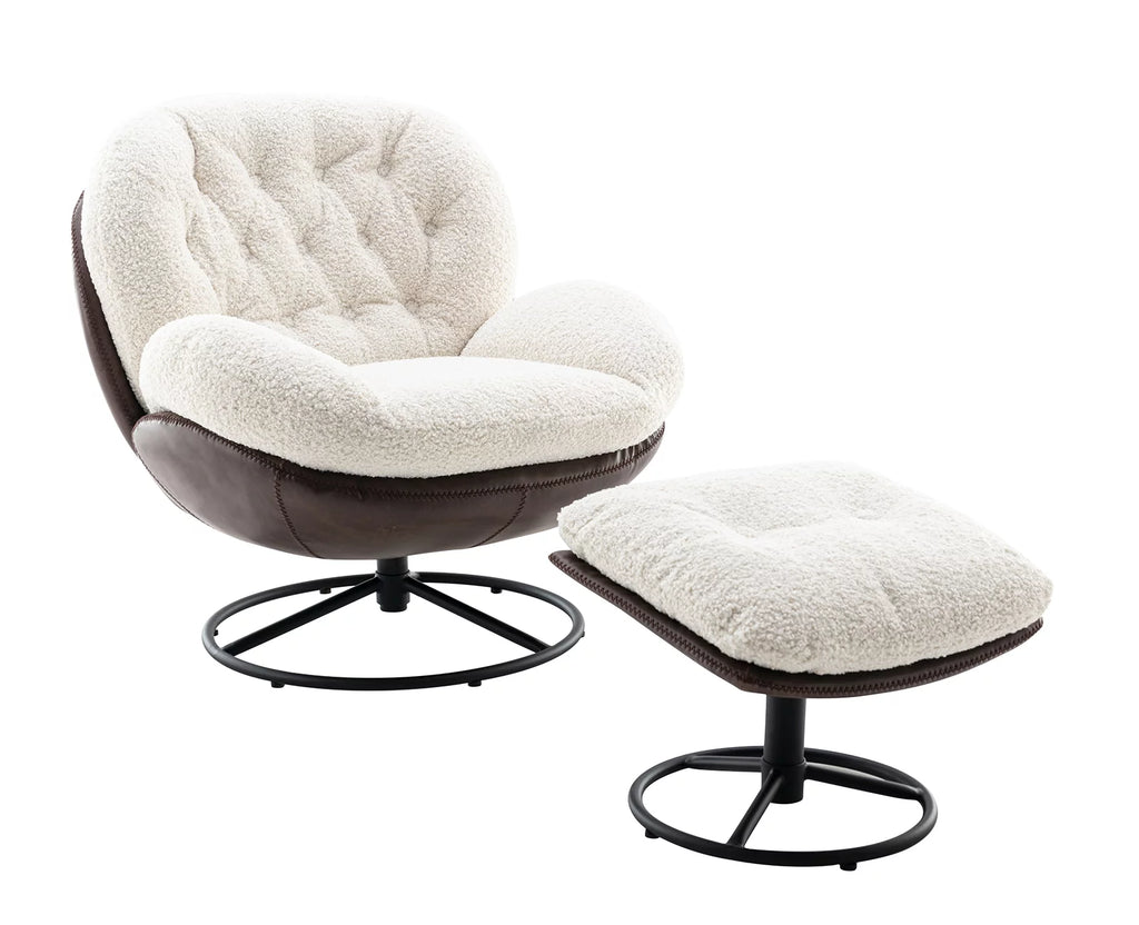 White Faux Fur Swivel Accent Chair with Ottoman P577157