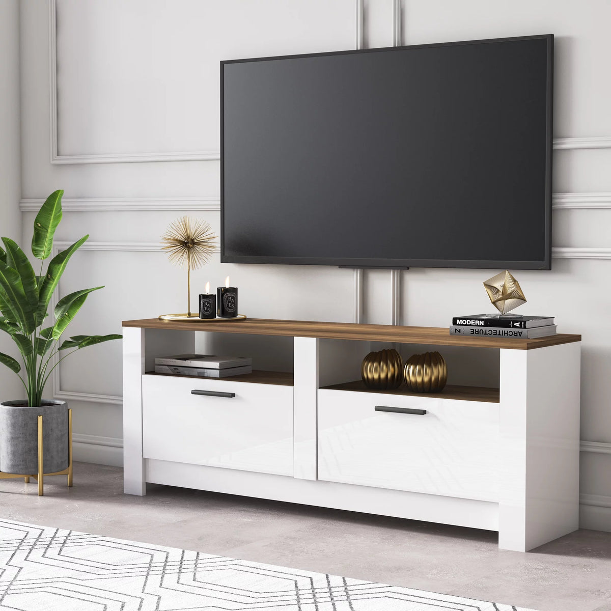 White and Oak 57 Inch 2 Drawer TV Stand G49397