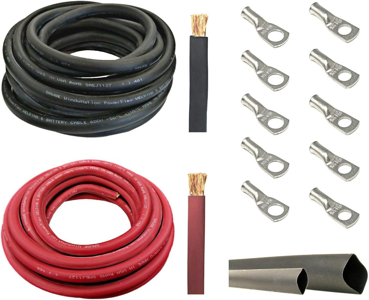 4/0 AWG 10 Feet Black + 10 Feet Red Pure Copper Ultra Flexible Cable + 5pcs 5/16 & 5pcs 3/8 Copper Cable Lug Terminal Connectors + 3 Feet Heat Shrink Tubing F742773
