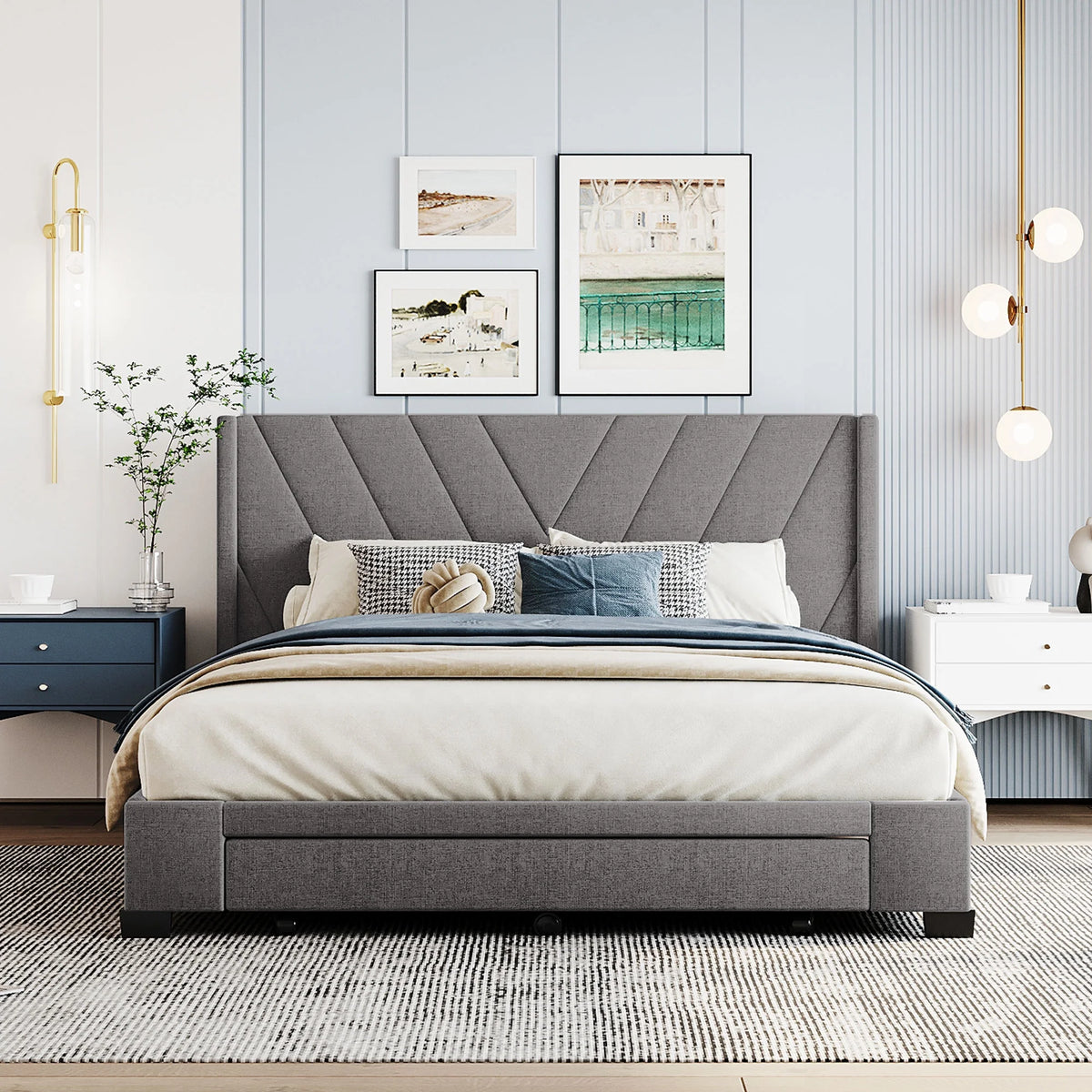 Queen Size Gray Linen Upholstered Platform Bed Frame with Drawer V31812