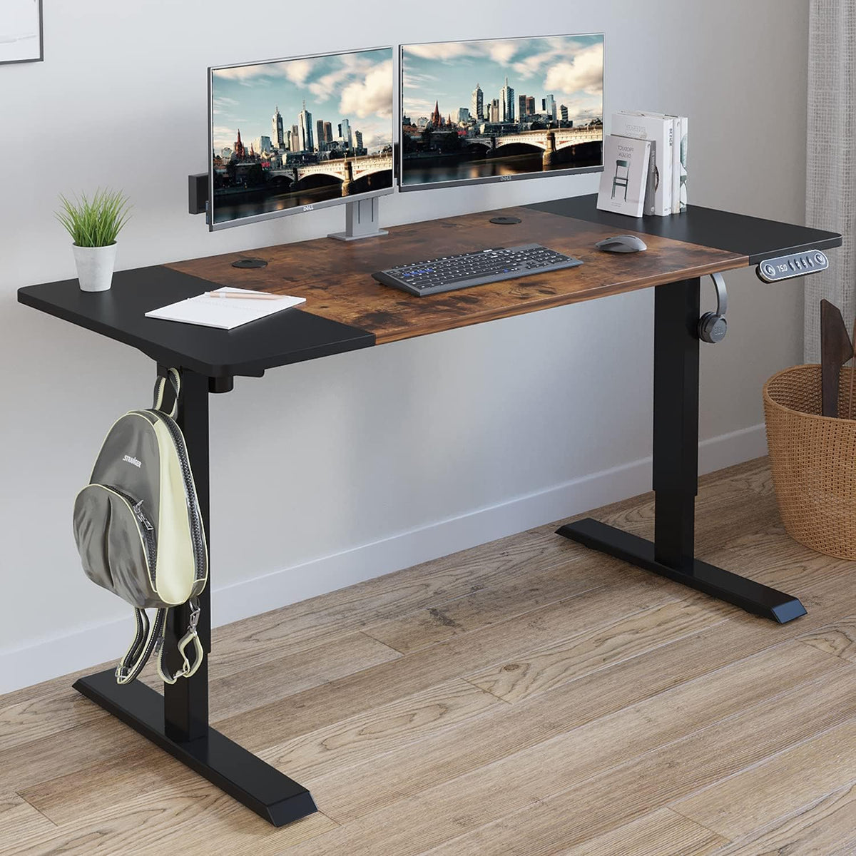 Rustic Brown Black Frame Electric Standing Desk 48 x 24 Inches B3096