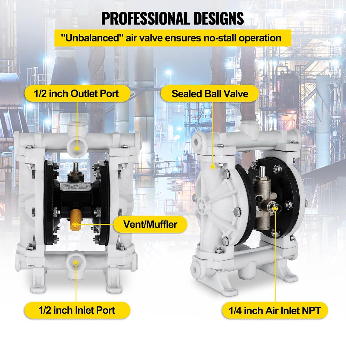 Air-Operated Double Diaphragm Pump 1/2 inch Polypropylene 13 GPM Max 100PSI C96645
