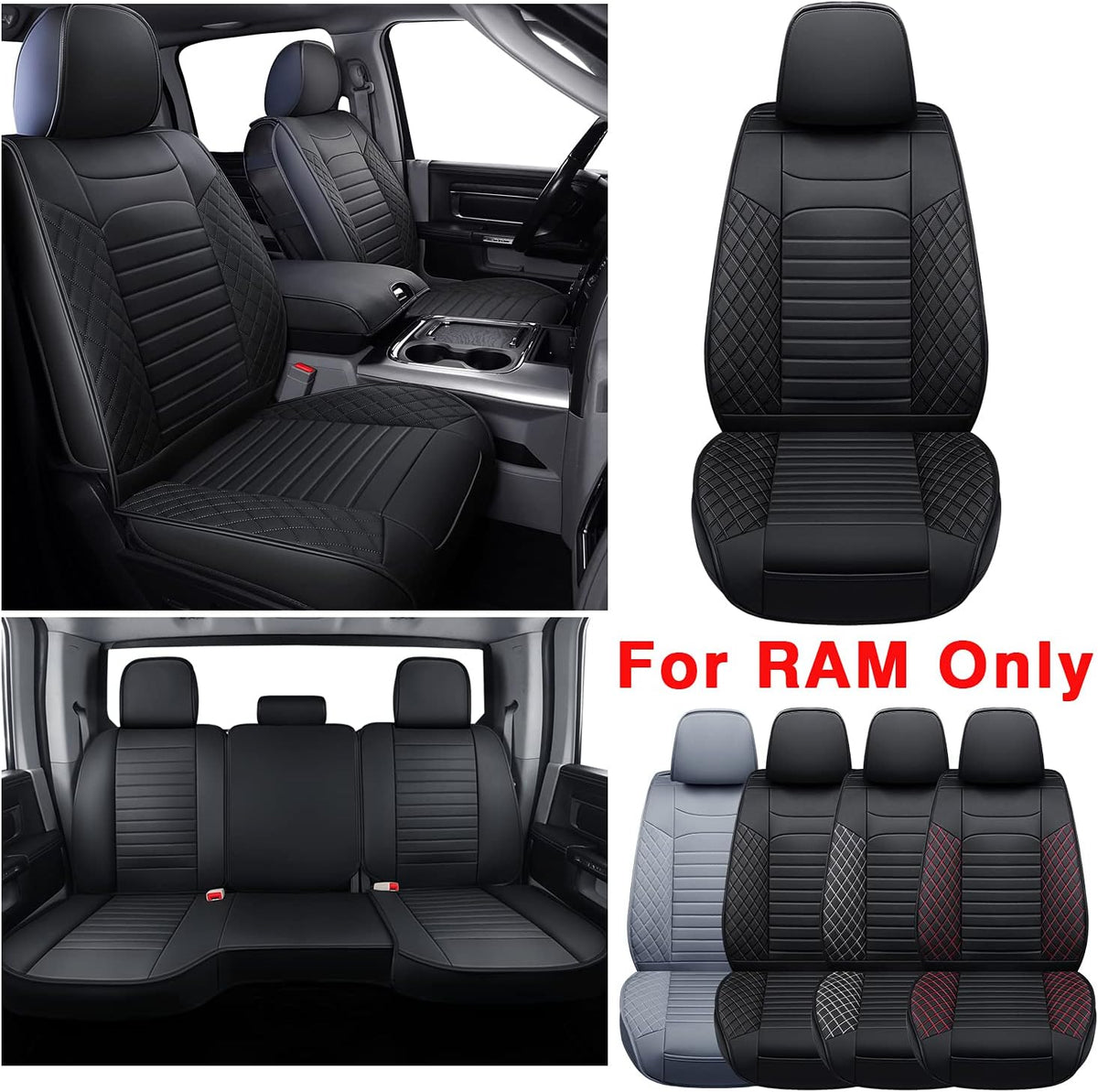 Ram 1500 2500 3500 Seat Covers Full Set, Waterproof Faux Leather, Black&Red S3208