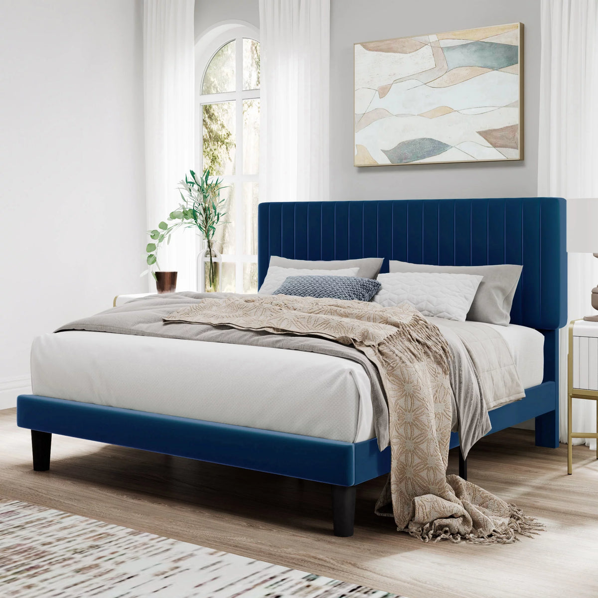 Pink Queen Size Upholstered Platform Bed Frame with Velvet Headboard F6239