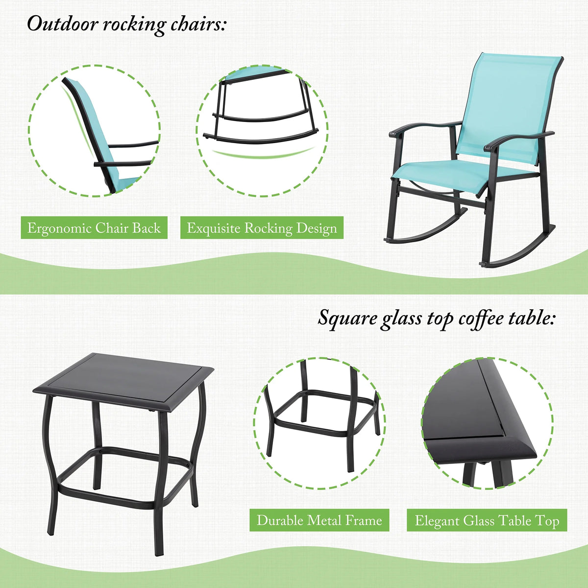 3 Piece Rocking Bistro Set with Rocker Chairs and Coffee Table Light Grey C45106
