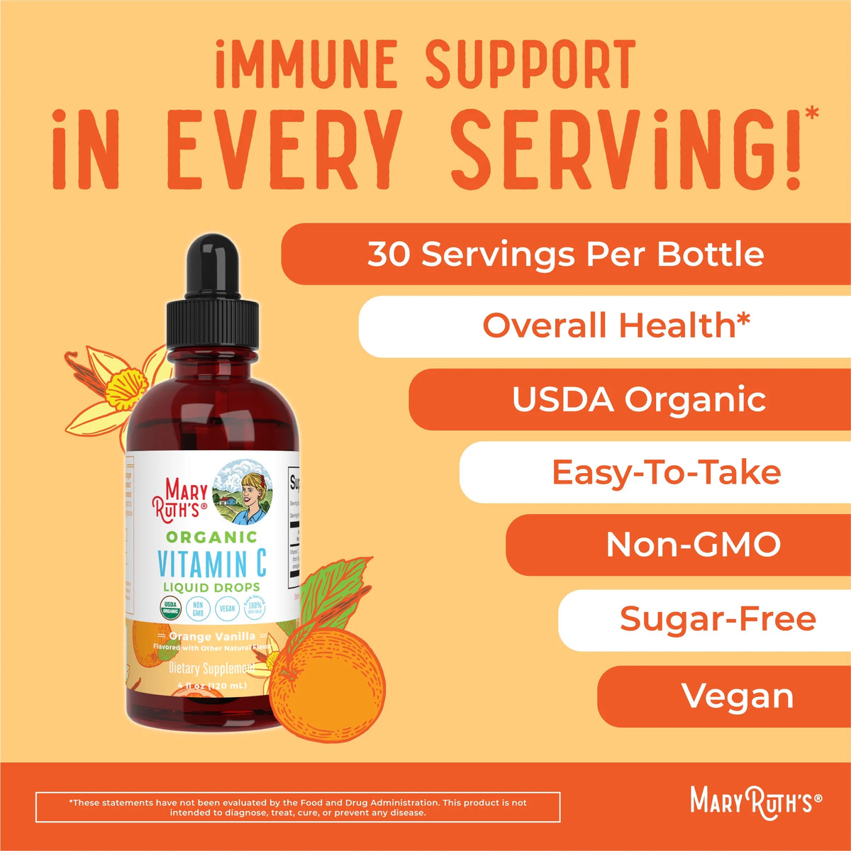 USDA Organic Vitamin C Liquid Drops Orange Vanilla Flavor Vegan Non-GMO 4 fl oz V771972