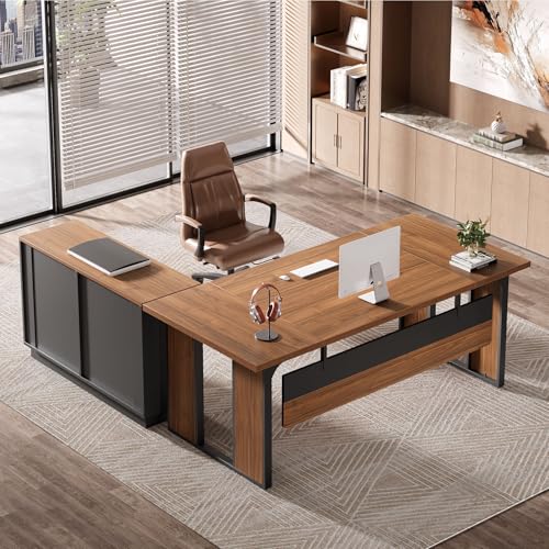 L-Shaped Executive Desk with Drawers Cabinet and Storage Shelves Z366