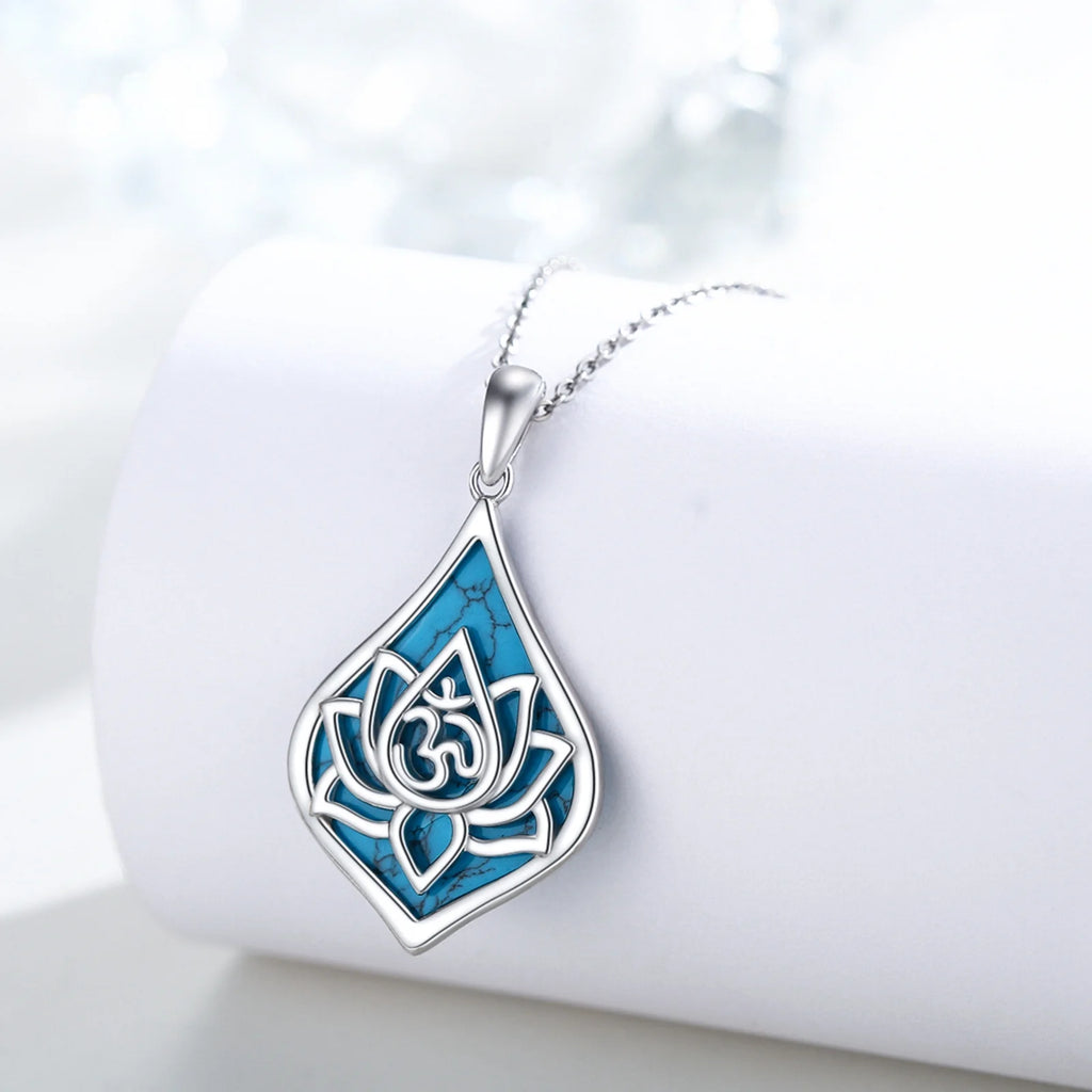 Lotus Pendant Necklace 925 Sterling Silver Turquoise Jewelry 18K White Gold Plated H670594