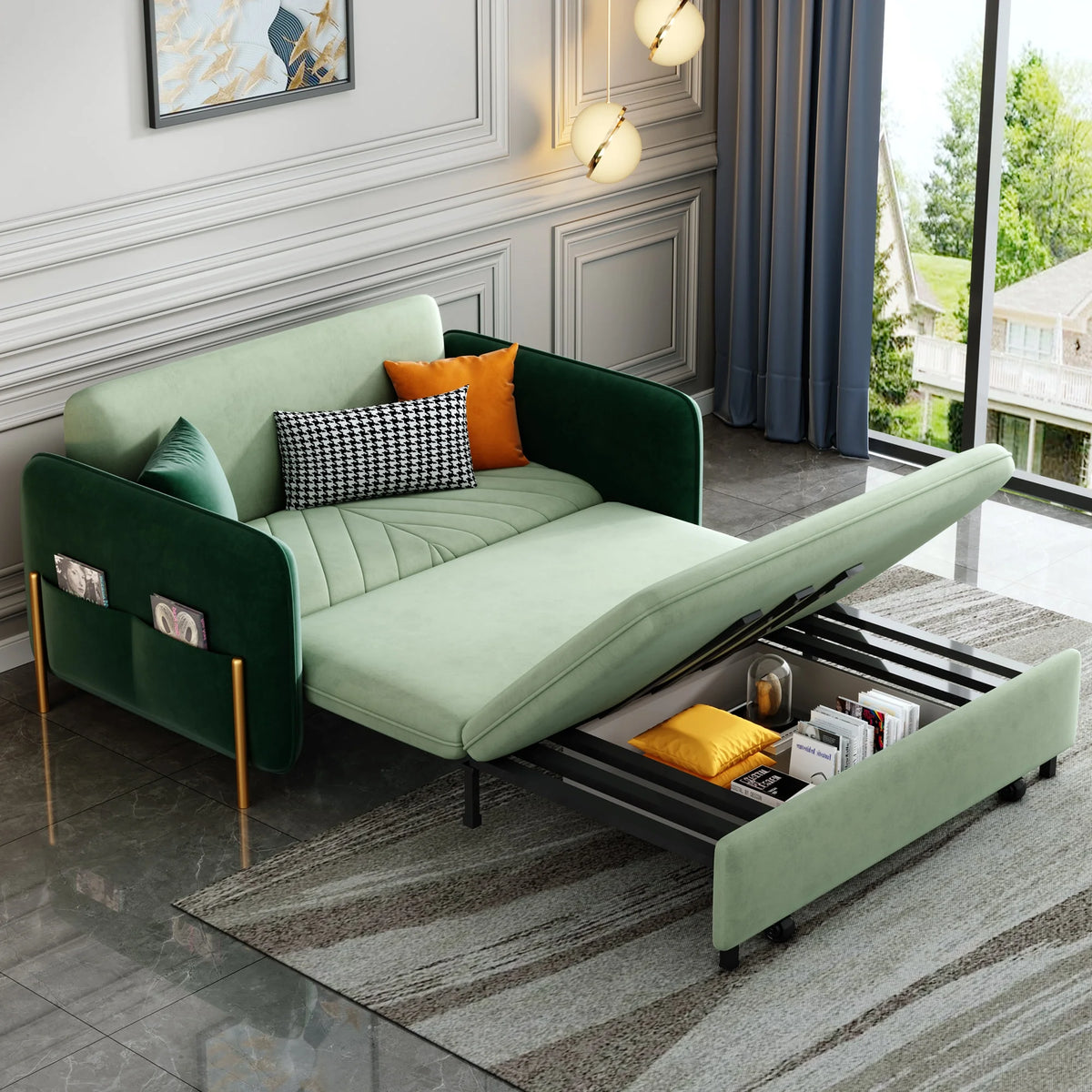 Green Velvet Convertible Sleeper Sofa R389769