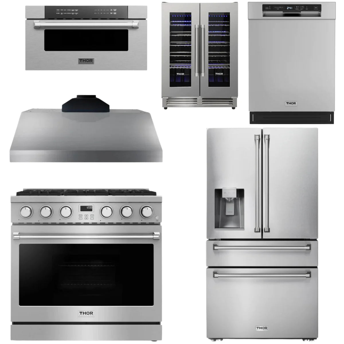 36 Gas Range, Range Hood, Refrigerator, Dishwasher, Microwave and Wine Cooler S3441