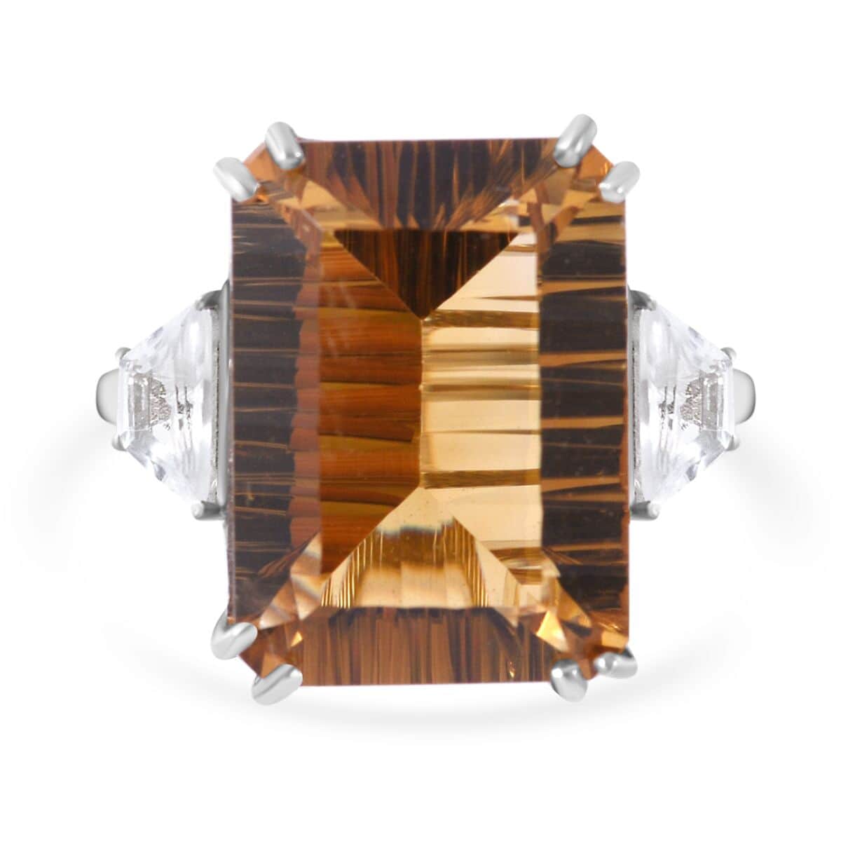 Citrine White Topaz Octagon 925 Sterling Silver Platinum Plated Ring Size 9 Ct 17.3 W91329