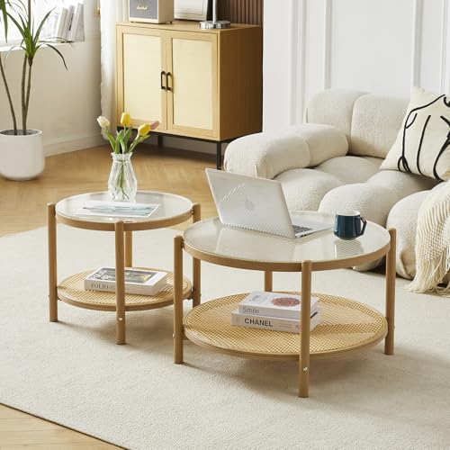 27.5" Boho Rattan Round Glass Coffee Table H766025