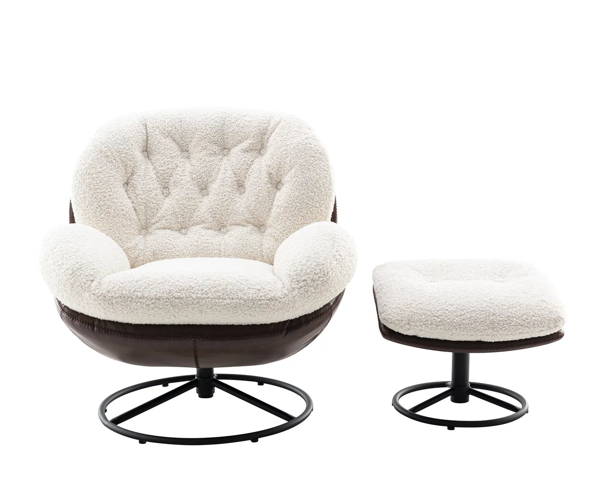 White Faux Fur Swivel Accent Chair with Ottoman P577157