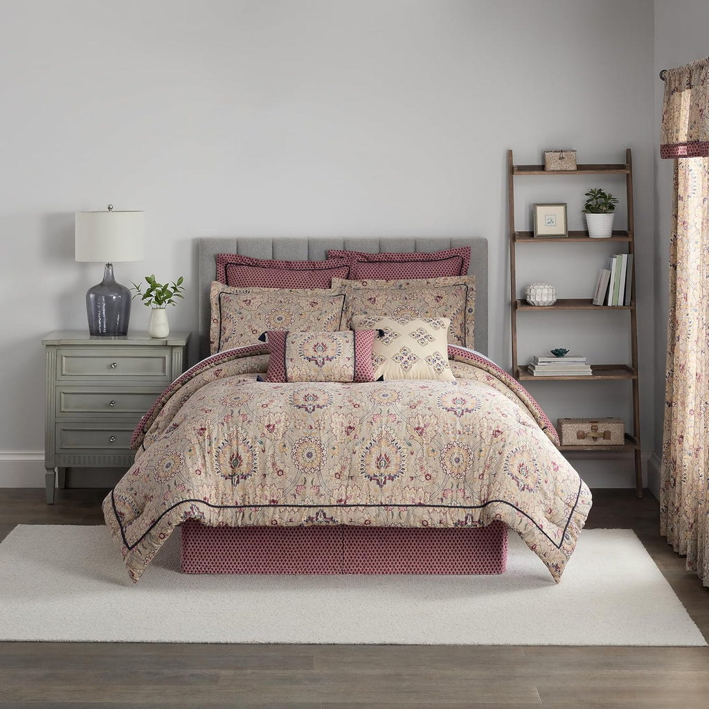 Beige & Maroon 4 Piece Cotton Comforter Set, Queen B29537