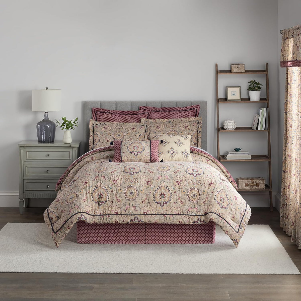 Beige & Maroon 4 Piece Cotton Comforter Set, Queen B29537