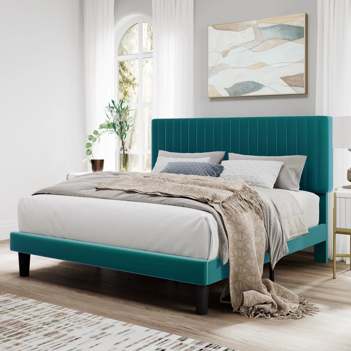 Pink Queen Size Upholstered Platform Bed Frame with Velvet Headboard F6239