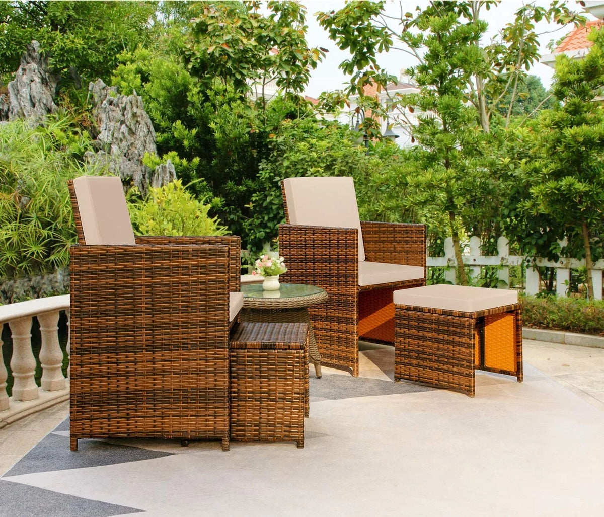 Beige 4 Piece PE Wicker Patio Furniture Set with Ottomans Z5908
