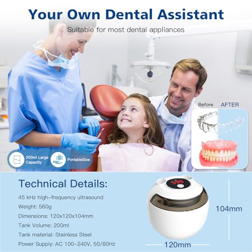 45kHz Ultrasonic Retainer Cleaner Machine, 200ML Denture Cleaner, 4 Modes with Digital Timer Mouth Guard Cleaner (White) Q75997