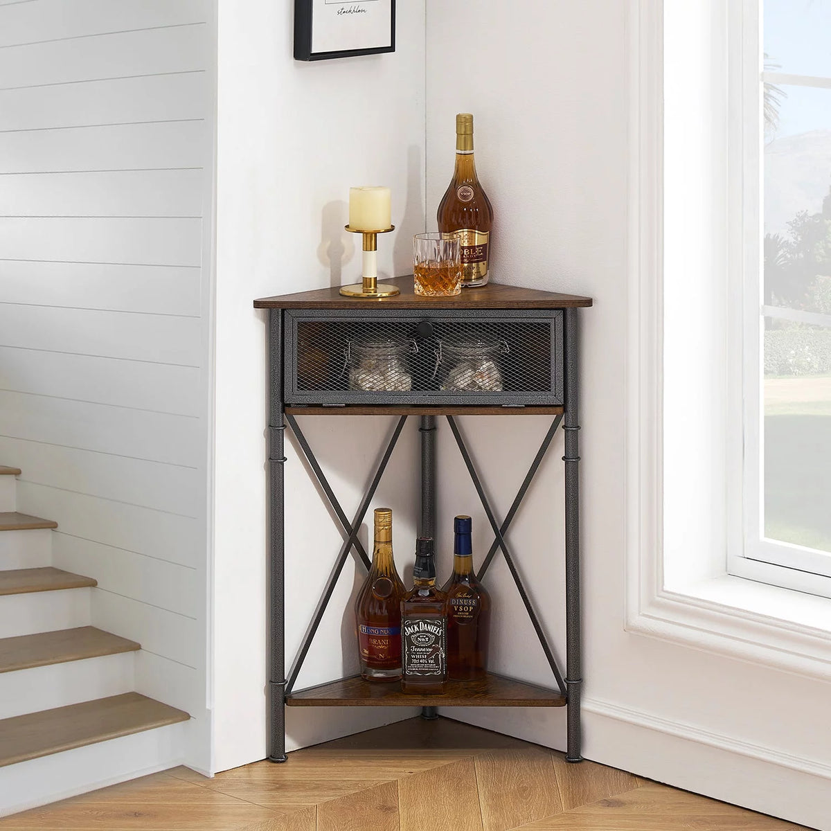 Brown Corner Storage Cabinet with Flip Drawer and Shelf C78332