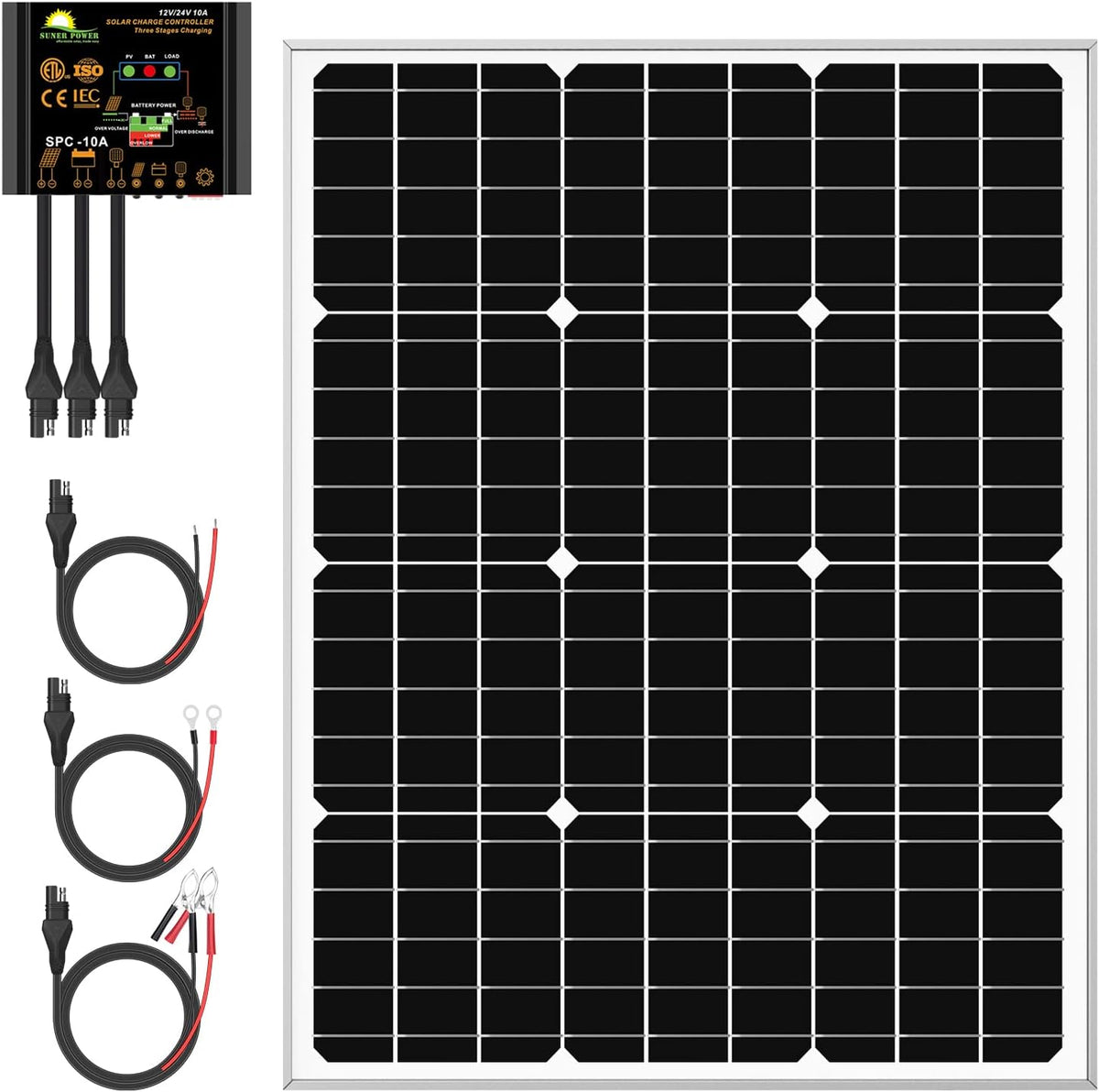 50W Mono Crystalline 12V Solar Panel Kit with 10A Charge Controller and SAE Cable Adapters F667