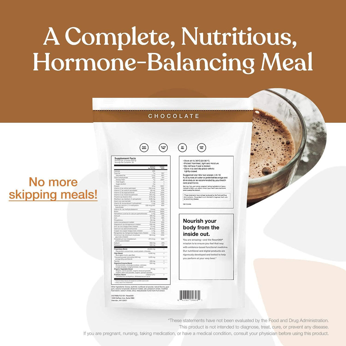 Chocolate Plant Based Protein Meal Replacement Shake, 20 Servings, 33.3oz, Pack of 2 A391481