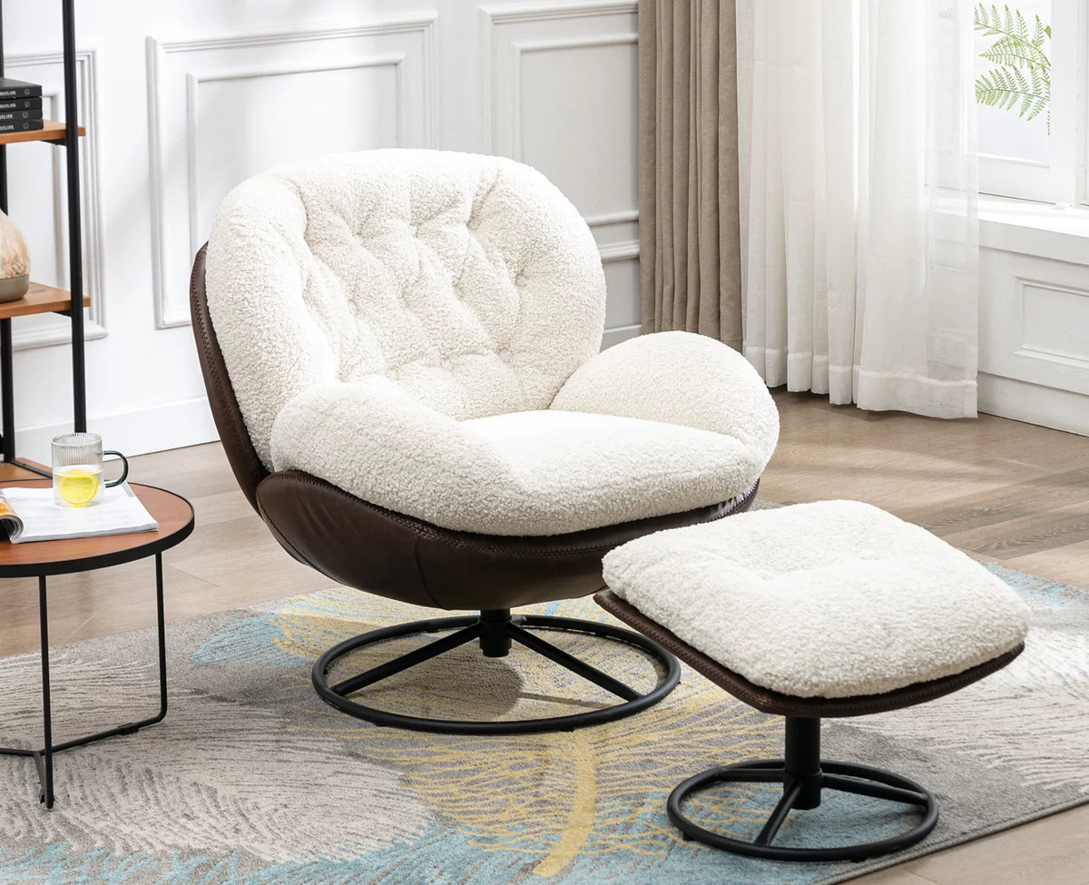White Faux Fur Swivel Accent Chair with Ottoman P577157