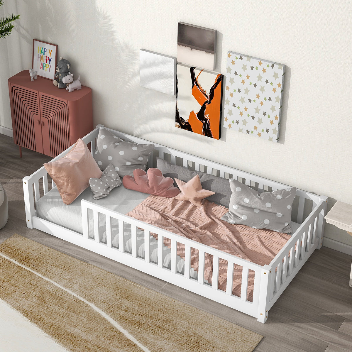 Twin Size Floor Bed with Safety Guardrails V1151