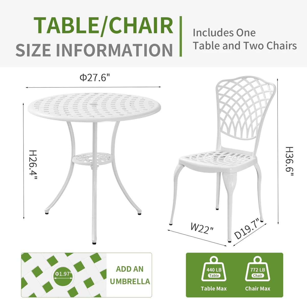 3 Piece White Patio Bistro Set with Umbrella Hole R7366