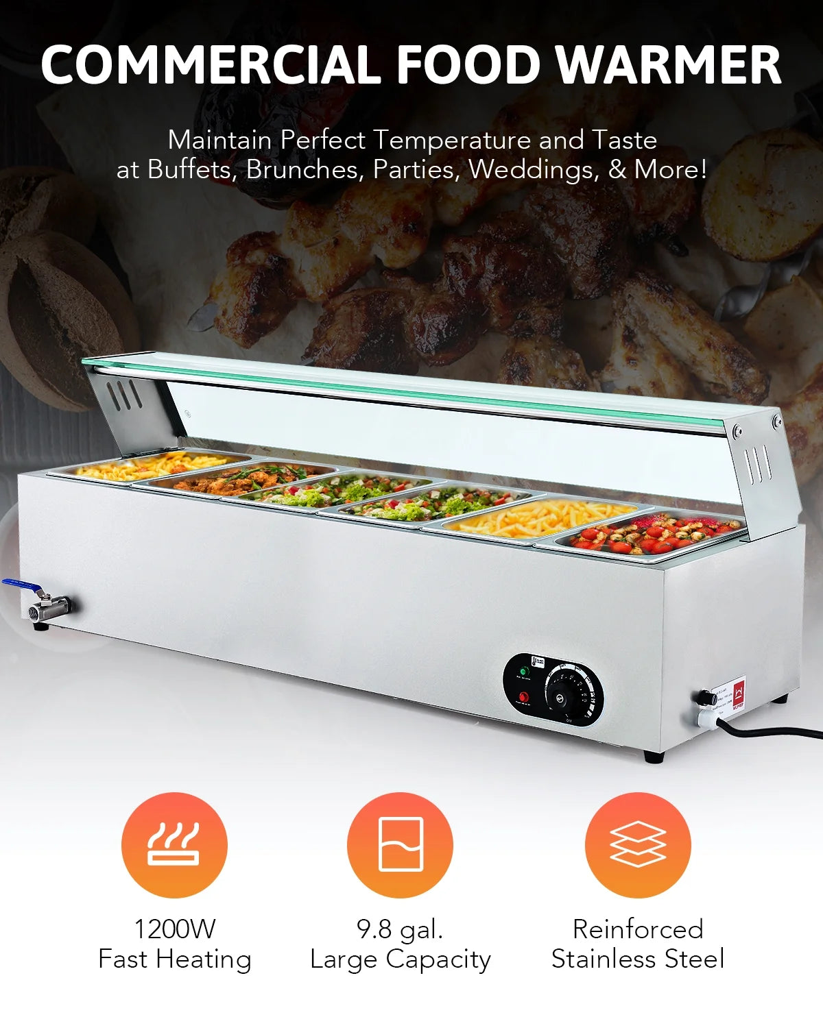 1200W Stainless Steel Bain Marie Food Warmer with 6 Pans Z2360