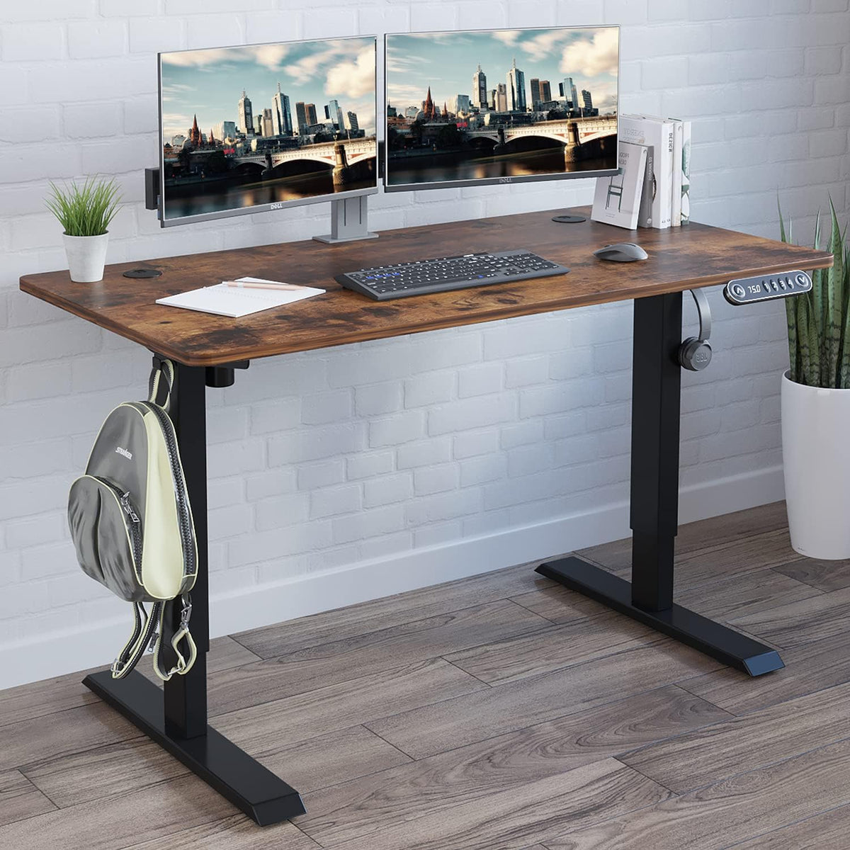 Rustic Brown Black Frame Electric Standing Desk 48 x 24 Inches B3096