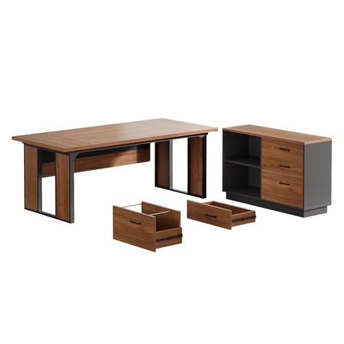L-Shaped Executive Desk with Drawers Cabinet and Storage Shelves Z366