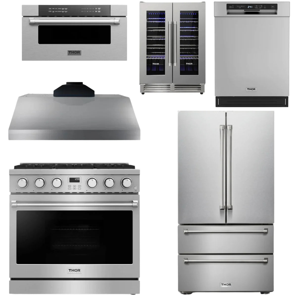 36 Gas Range, Range Hood, Refrigerator, Dishwasher, Microwave and Wine Cooler W985511