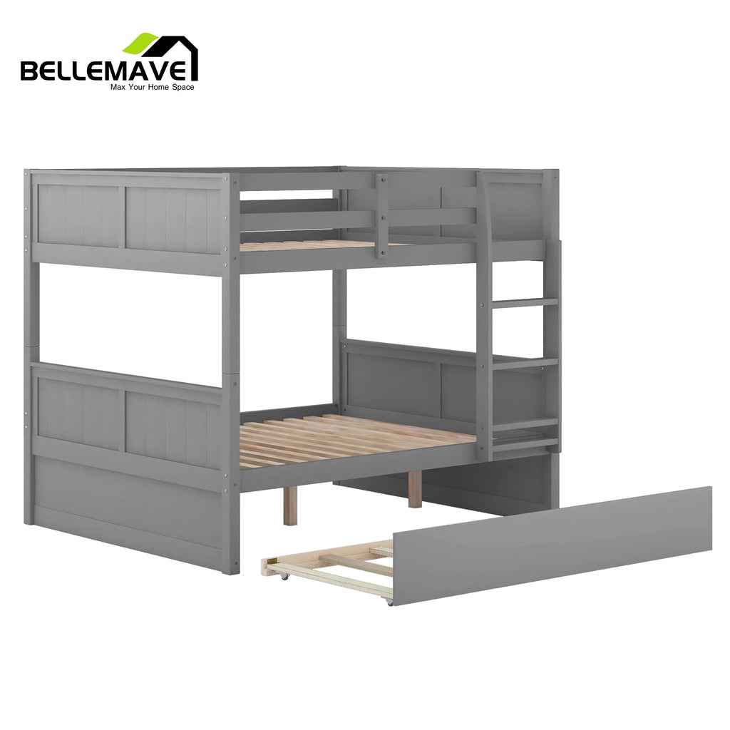 Full Over Full Wood Bunk Bed with Twin Trundle and Ladder V7653