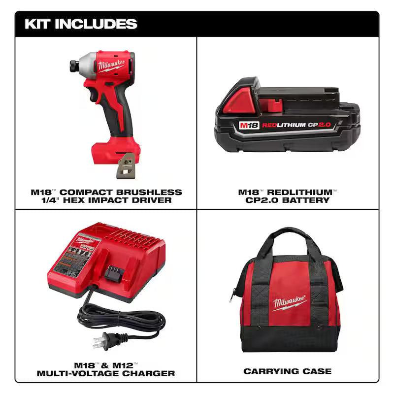 18-Volt Lithium-Ion Compact Brushless Cordless 1/4 in. Impact Driver Kit with 2.0 Ah Battery G156