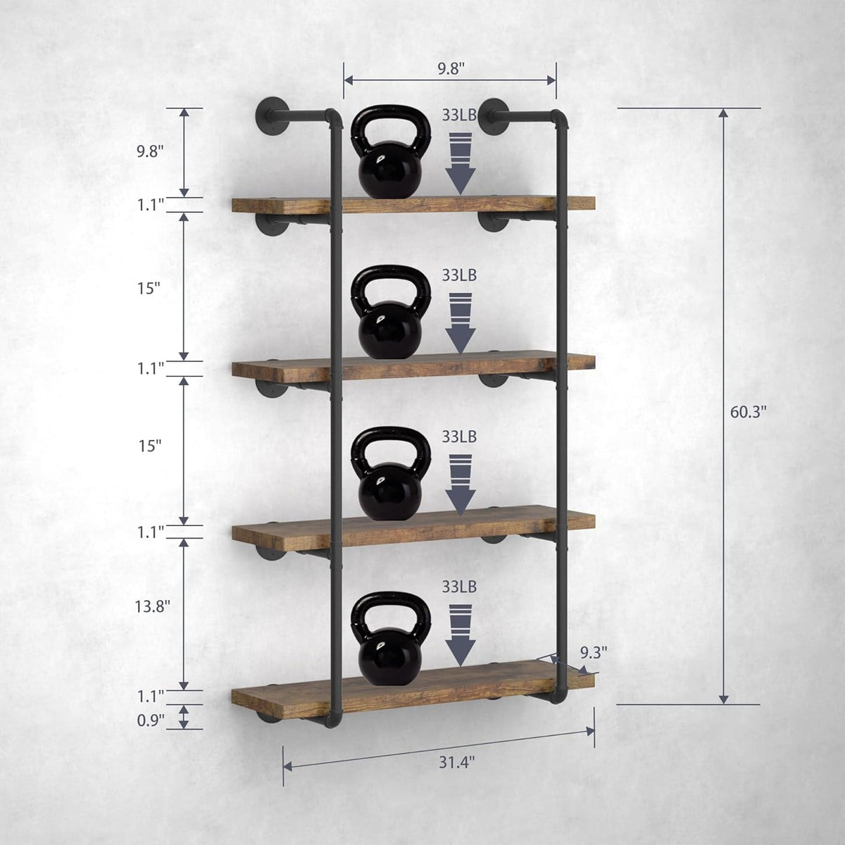 Industrial Wall Mount Iron Pipe Shelf Black 3 Tier X2 Q66763