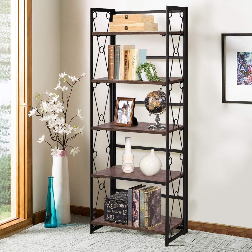 5 Tier Dark Brown Metal Frame Bookshelf W834