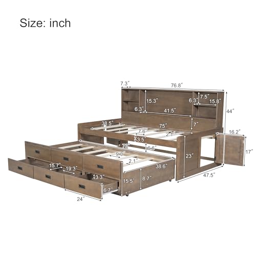 Full Size White Solid Wood Storage Daybed with Trundle Drawers Bookcase C48182
