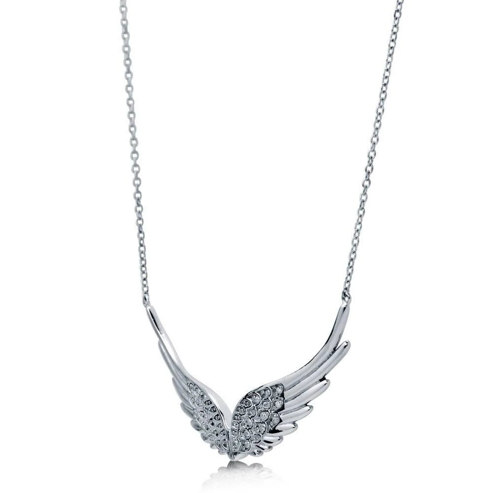 Sterling Silver Cubic Zirconia Angel Wings Pendant Necklace V717