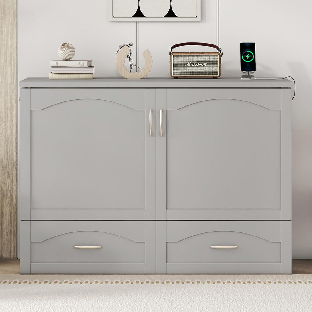 Gray Full Size Murphy Cabinet Bed with Built-in Charging Station D44794