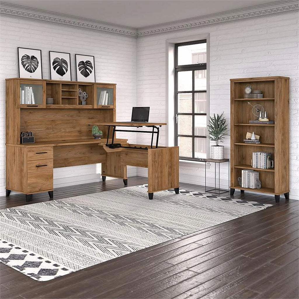 Engineered Wood Sit to Stand Desk Set with Bookcase D7073