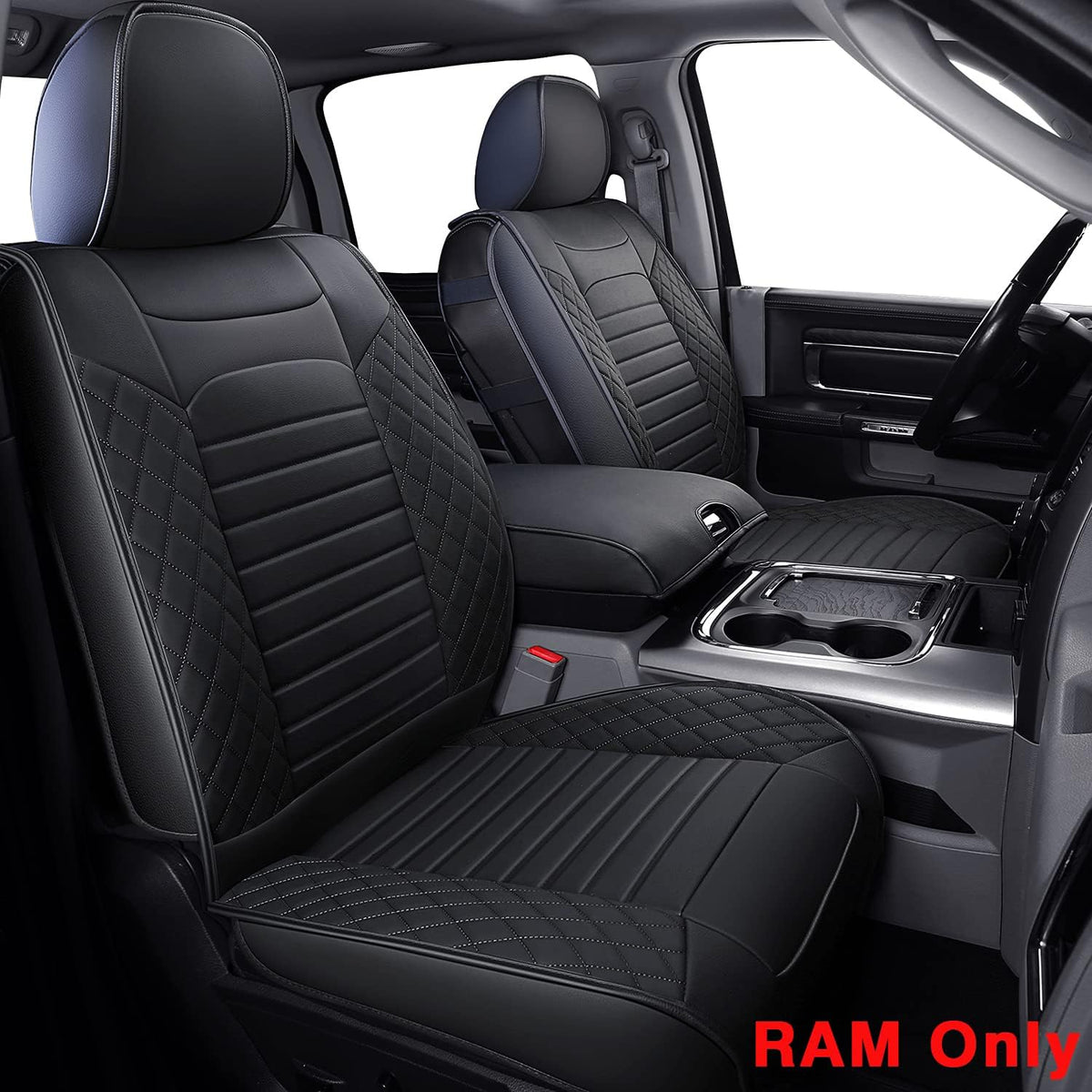 Ram 1500 2500 3500 Seat Covers Full Set, Waterproof Faux Leather, Black&Red S3208