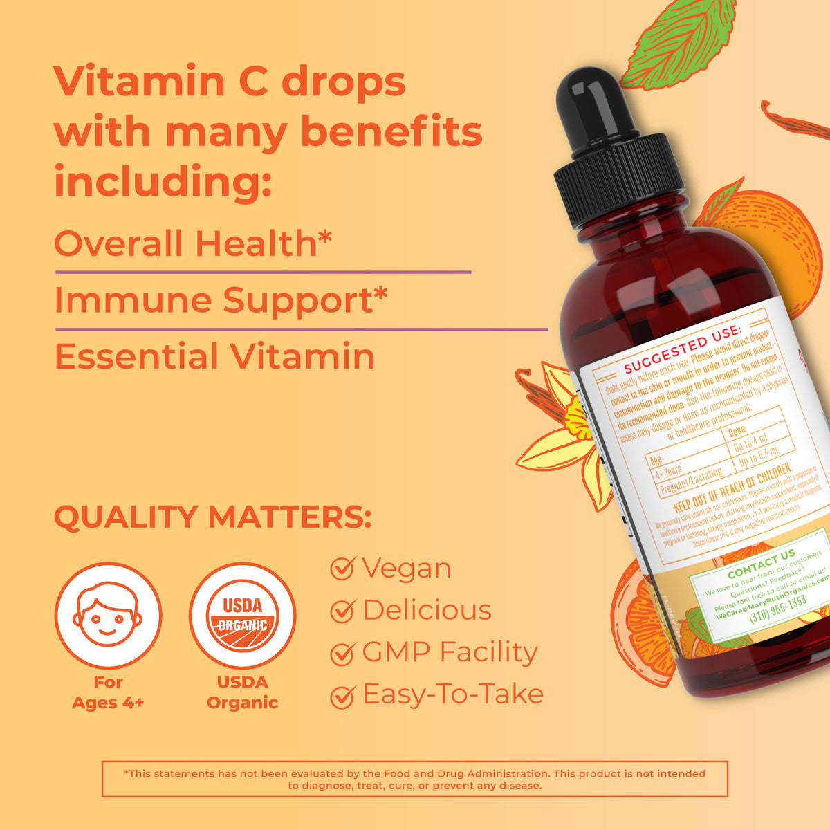 USDA Organic Vitamin C Liquid Drops Orange Vanilla Flavor Vegan Non-GMO 4 fl oz V771972
