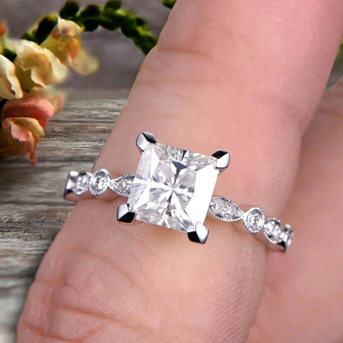 Princess Cut Moissanite Engagement Ring on 10K White Gold Q2182