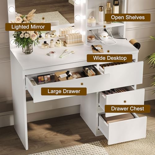 White Vanity Desk with Mirror and 12 LED Lights, 4 Drawers, Padded Stool with Storage X76785