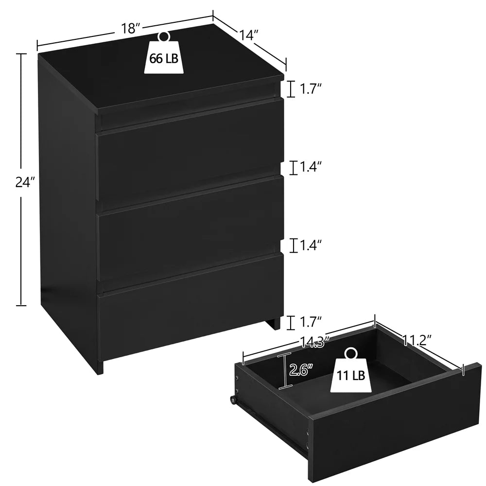 Black 3 Drawer Wooden Nightstand Set of 2 K12172