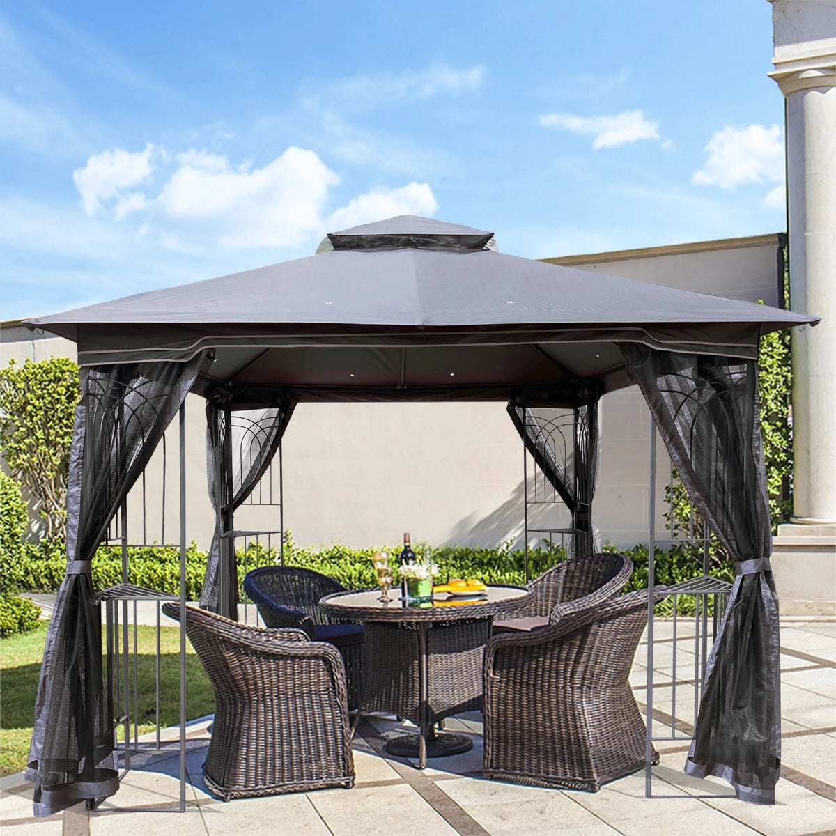 10' x 10' Outdoor Patio Gazebo Canopy Shelter with Ventilated Double Roof And Mosquito Net, Gray H80309