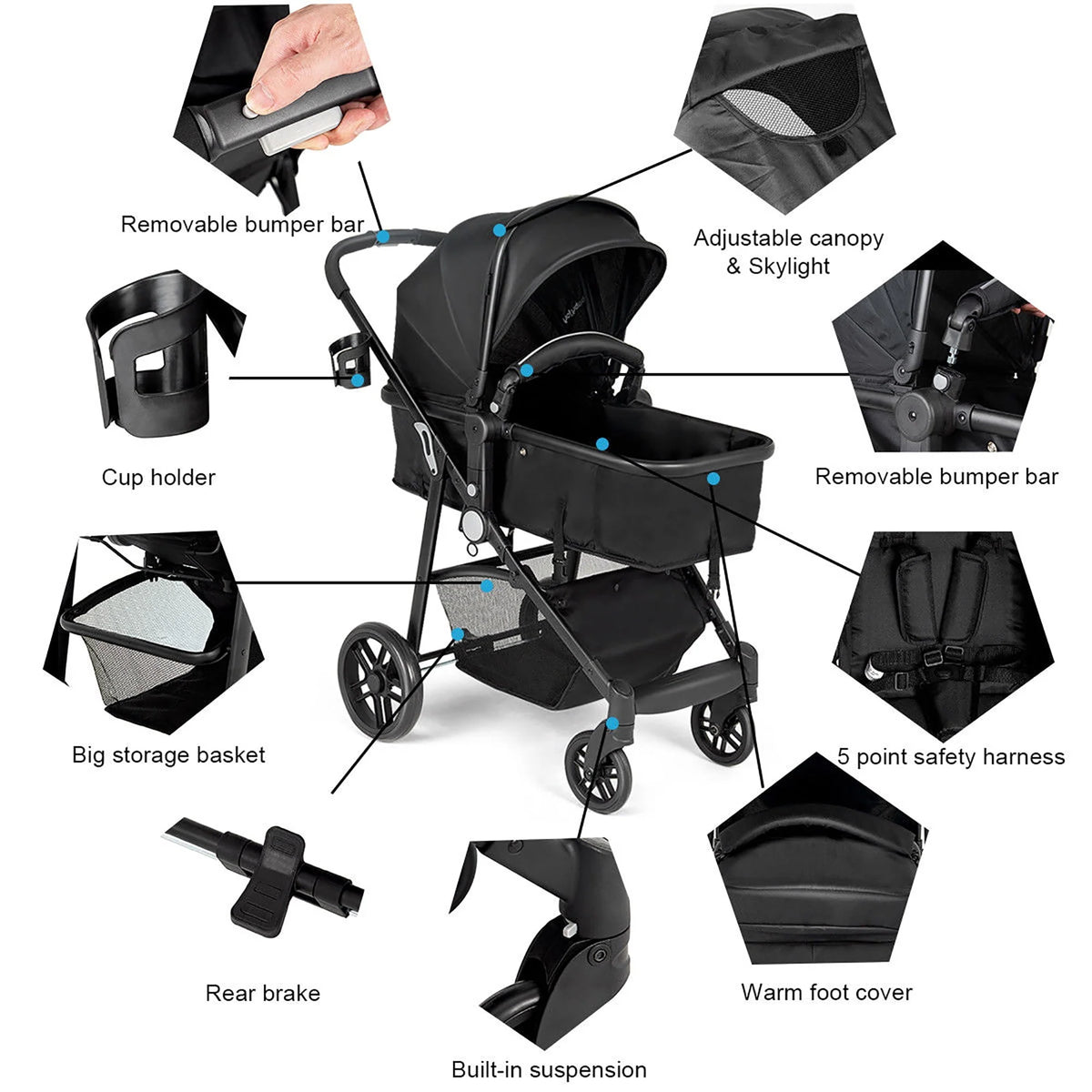 2 In 1 Foldable Baby Stroller Black V6655
