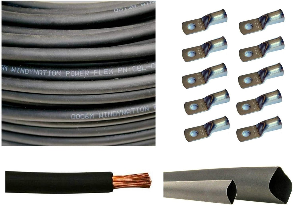 4/0 AWG 10 Feet Black + 10 Feet Red Pure Copper Ultra Flexible Cable + 5pcs 5/16 & 5pcs 3/8 Copper Cable Lug Terminal Connectors + 3 Feet Heat Shrink Tubing F742773
